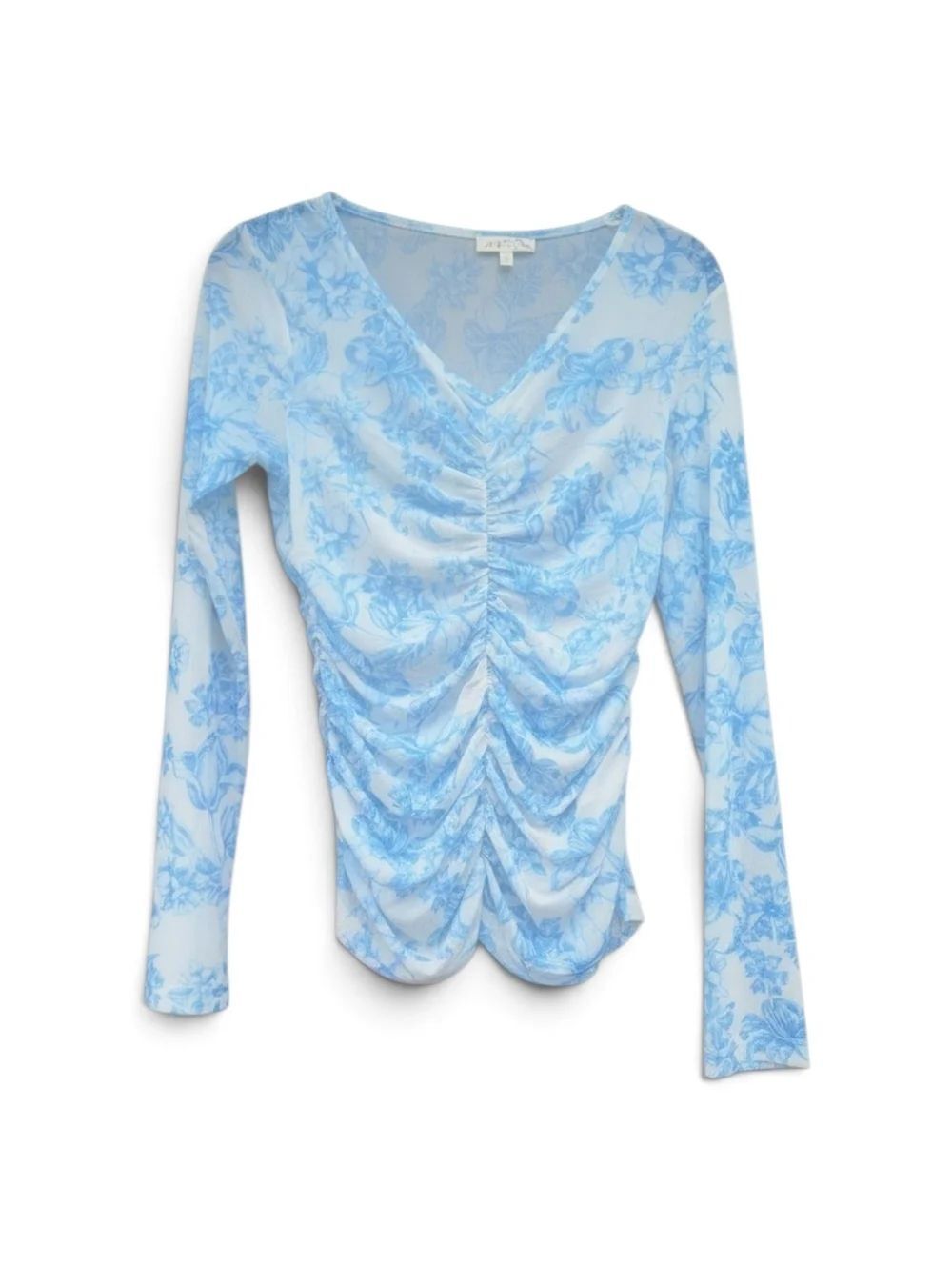 Mystree Floral V-Neck Ruched Top Light Blue Long Sleeve Women’s Medium